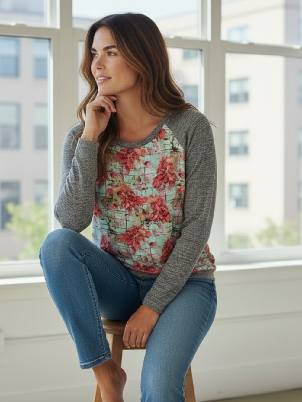 Kut from the Kloth Gray Raglan Long Sleeve Top with Mint and Coral Floral Front
